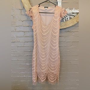Blush and Champagne Shimmer Tassle Flapper midi dress with flutter sleeves 🍾